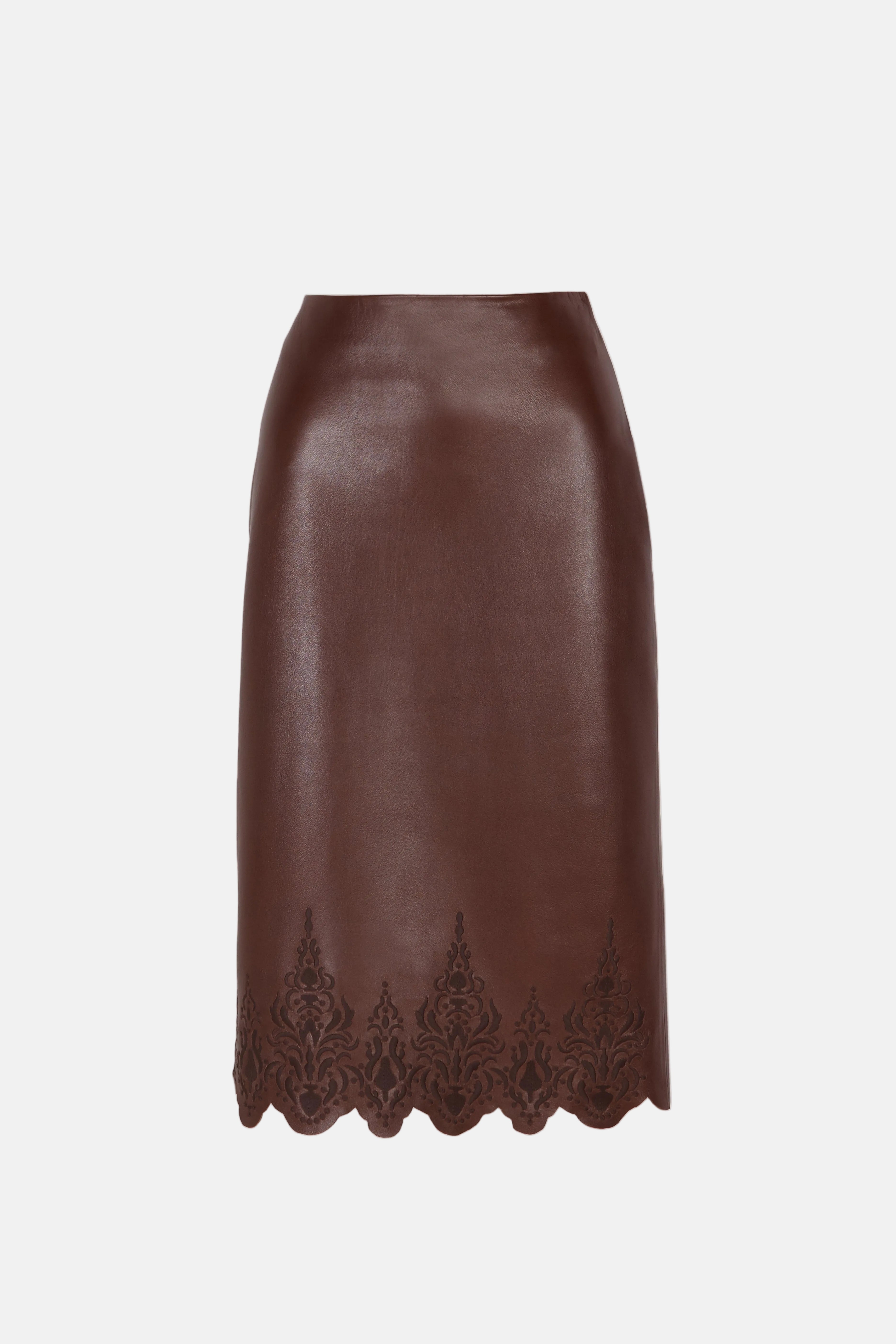 Brown Embroidered Leather Skirt