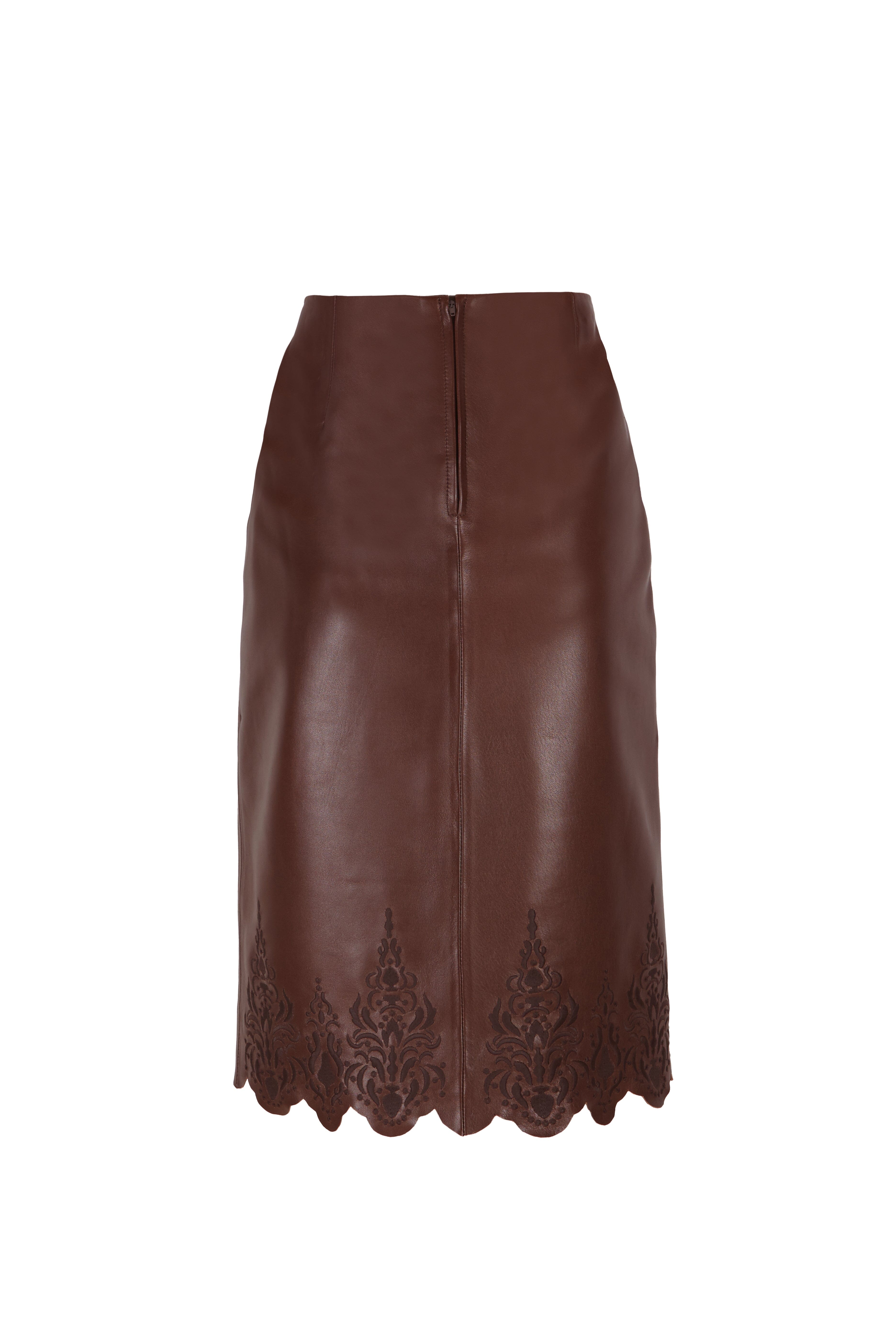 Brown Embroidered Leather Skirt