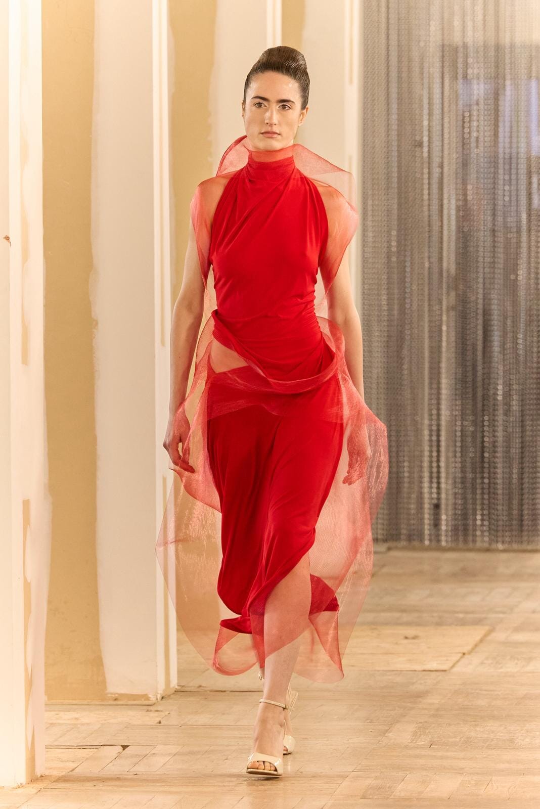 Draped Midi Skirt in Silk Jersey with Organza