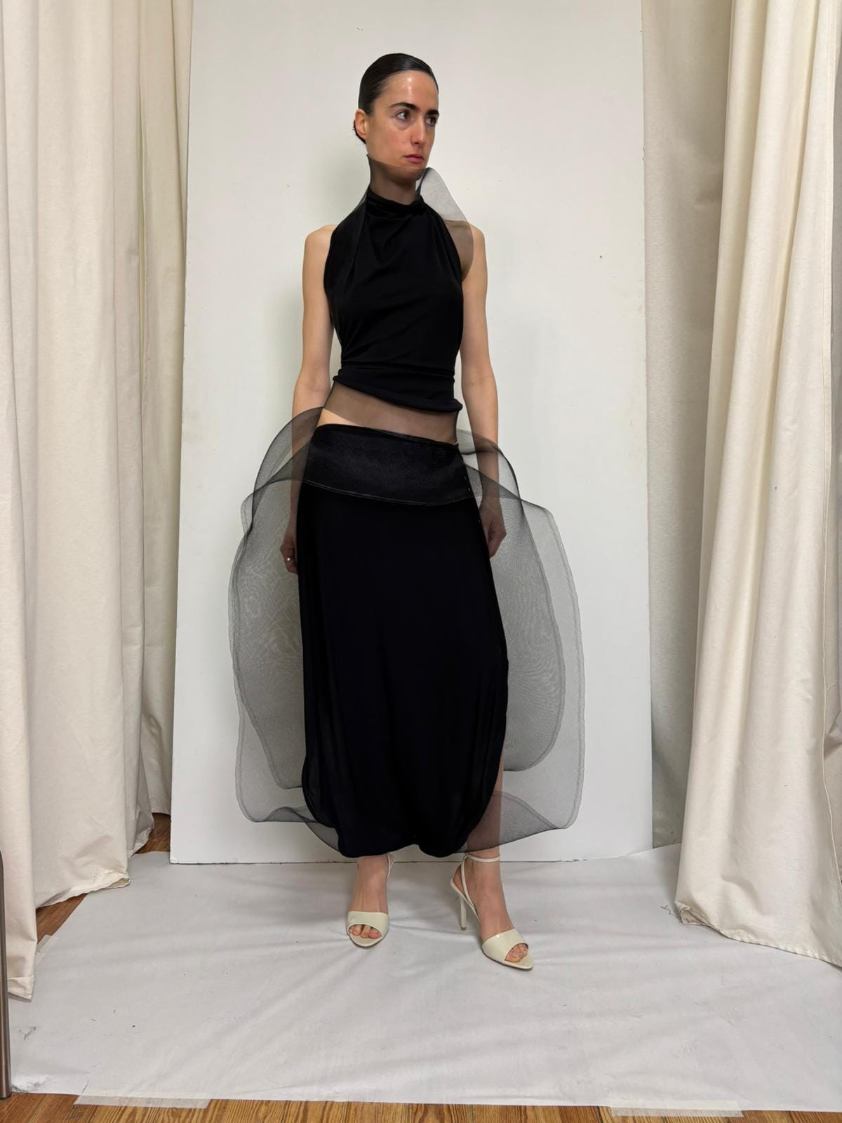 Draped Midi Skirt in Silk Jersey with Organza