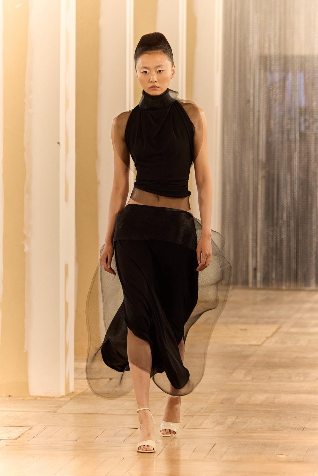 Draped Midi Skirt in Silk Jersey with Organza
