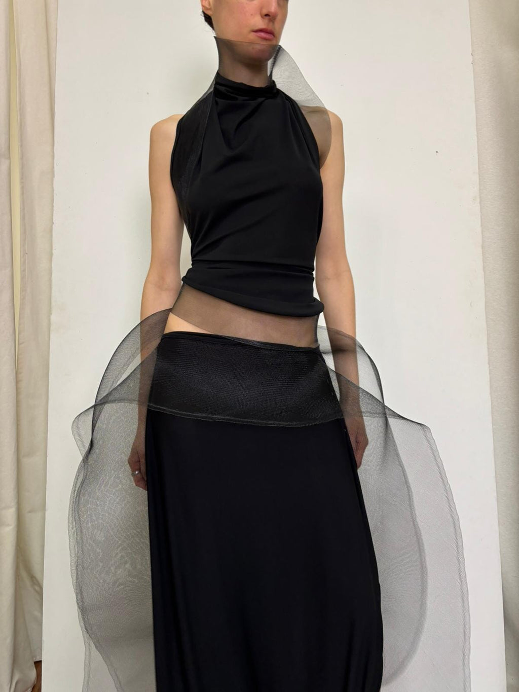 Draped Midi Skirt in Silk Jersey with Organza