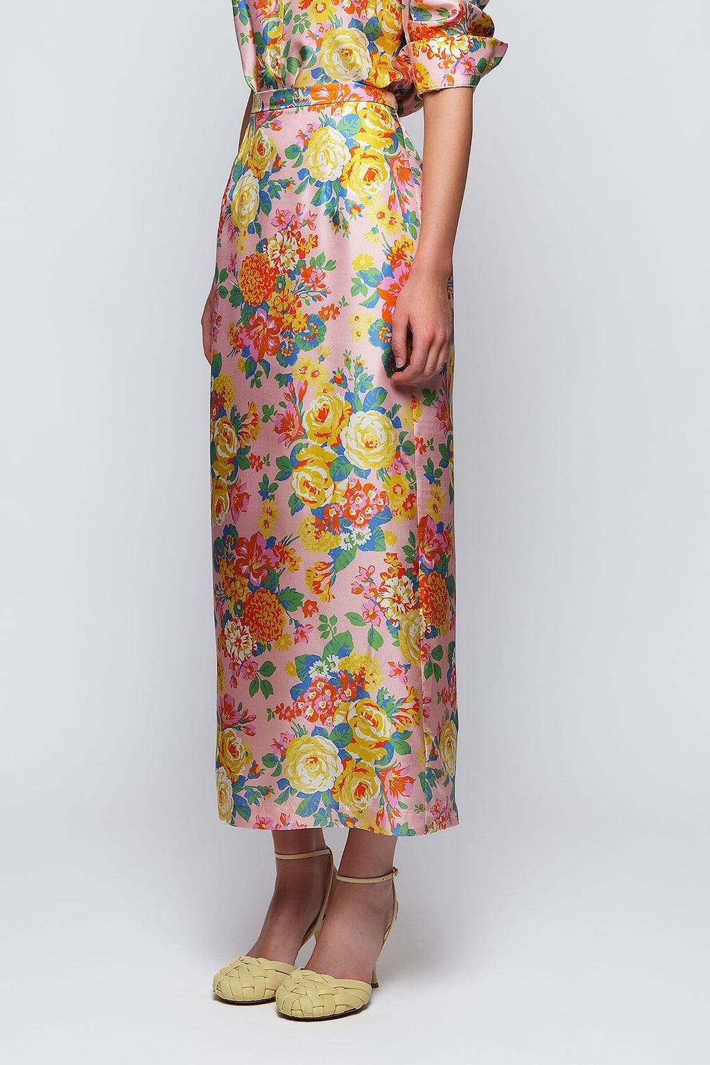 Falda larga estampado floral rosa de seda