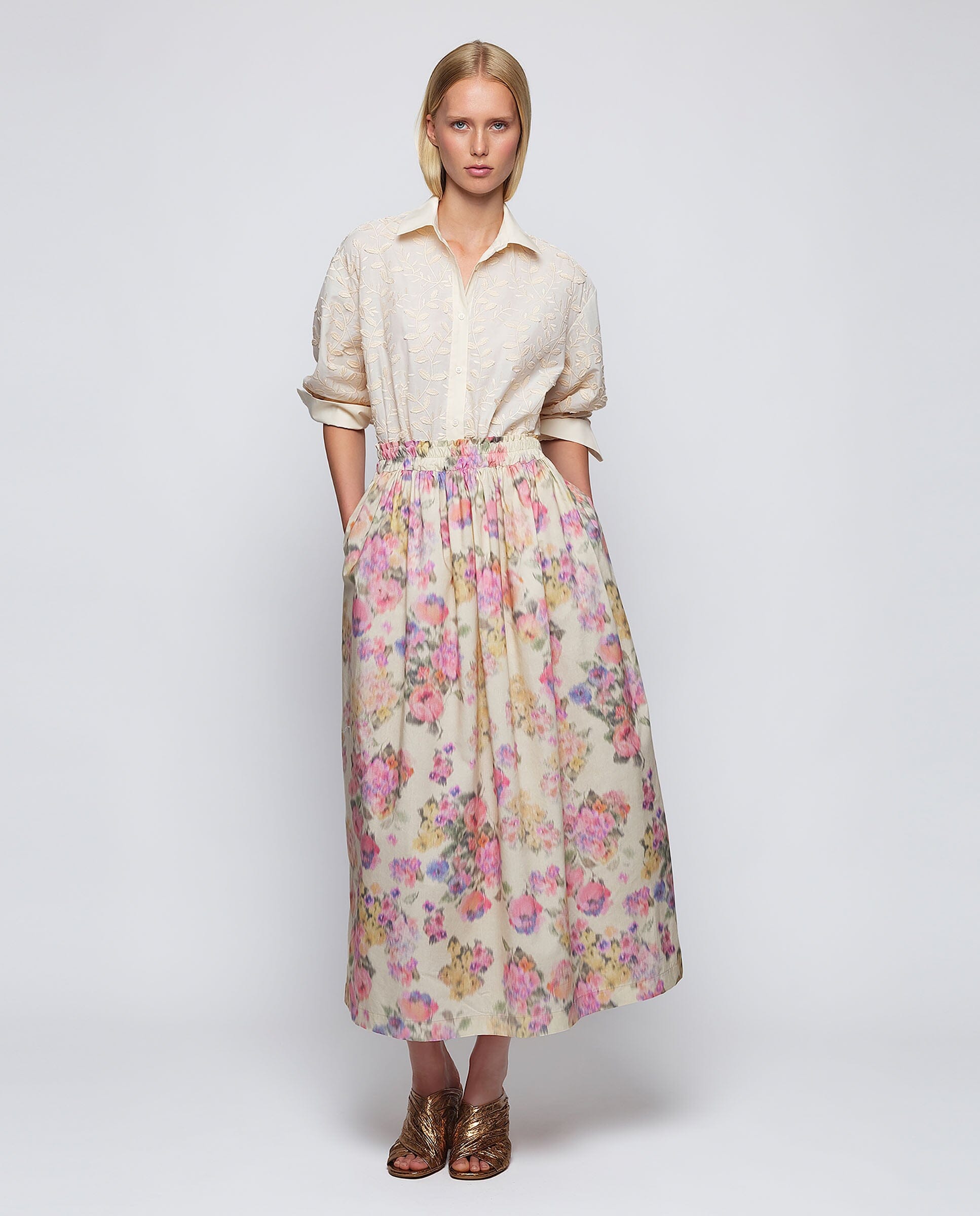 Falda midi de algodón estampado floral
