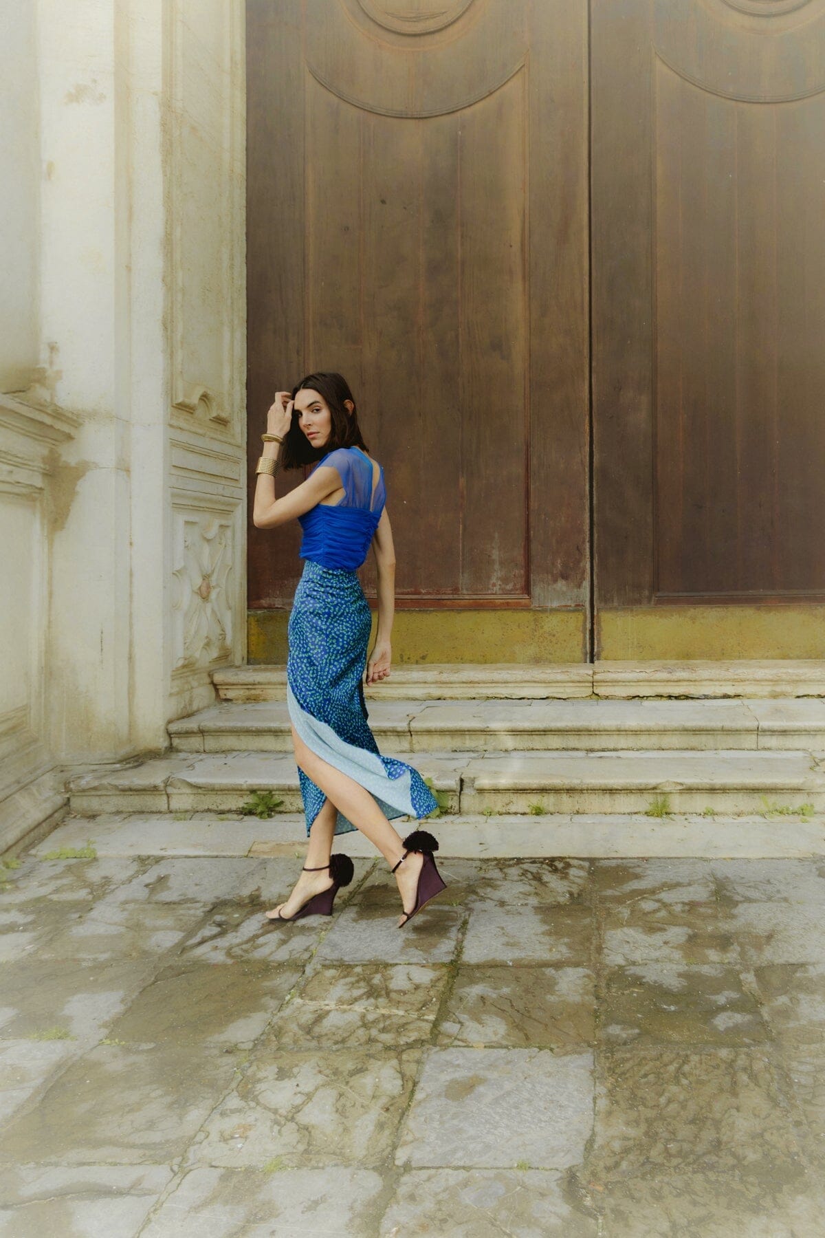 Falda Sole Lunares Azul