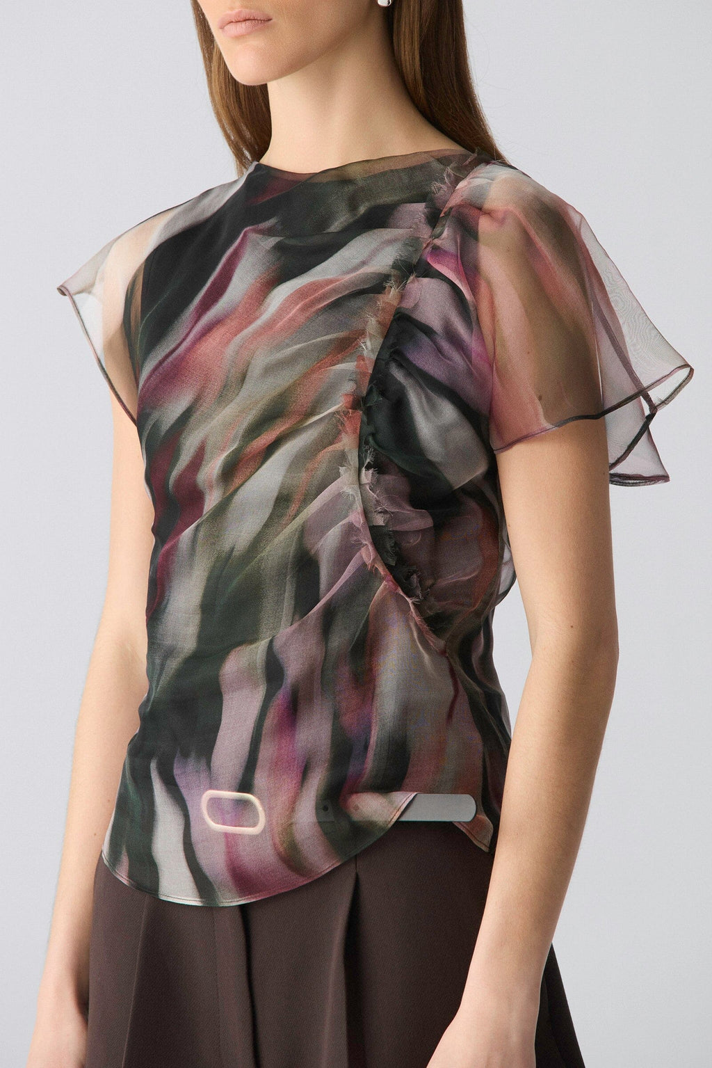Top drapeado de organza estampado