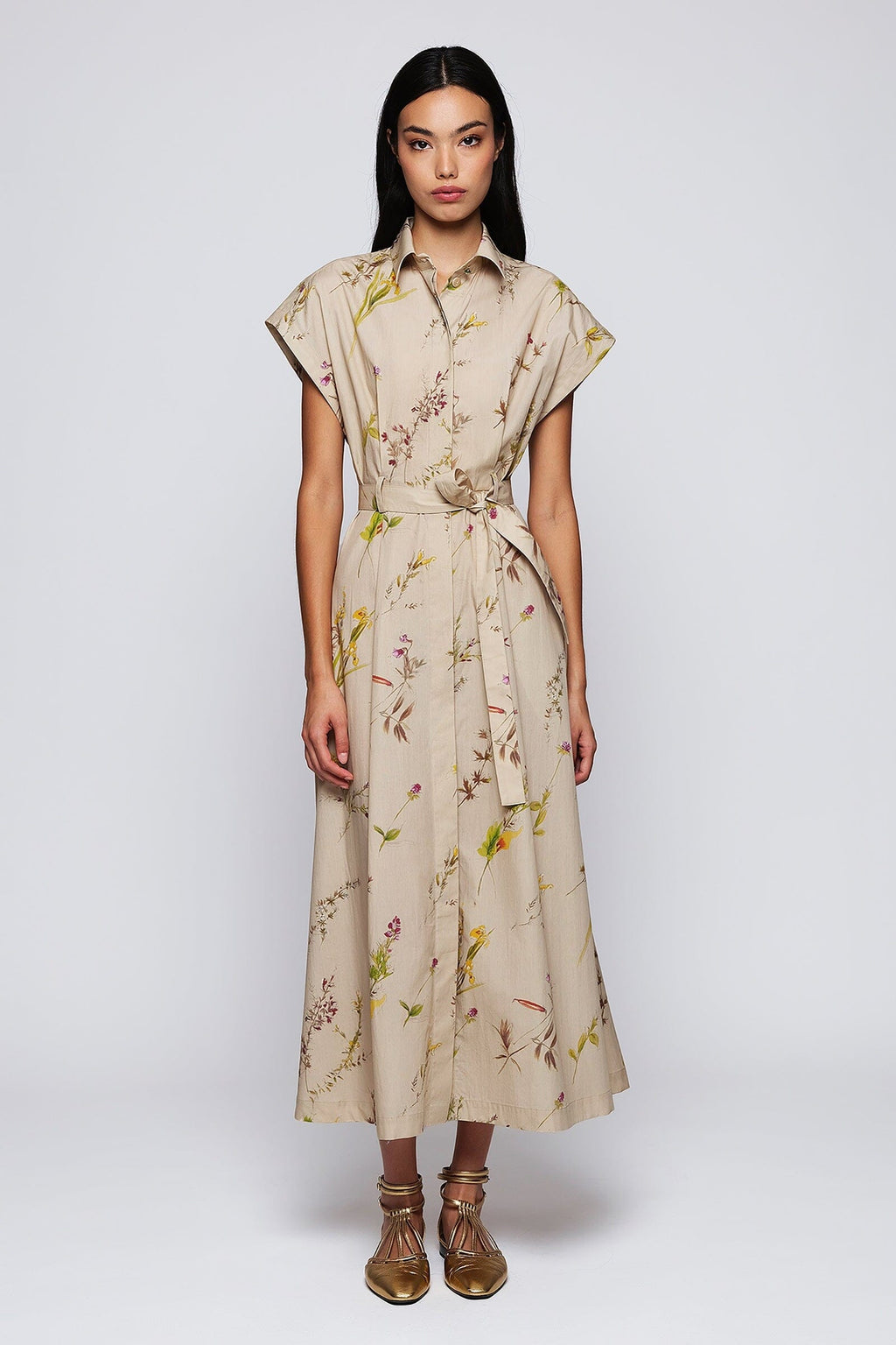 Vestido camisero beige estampado floral