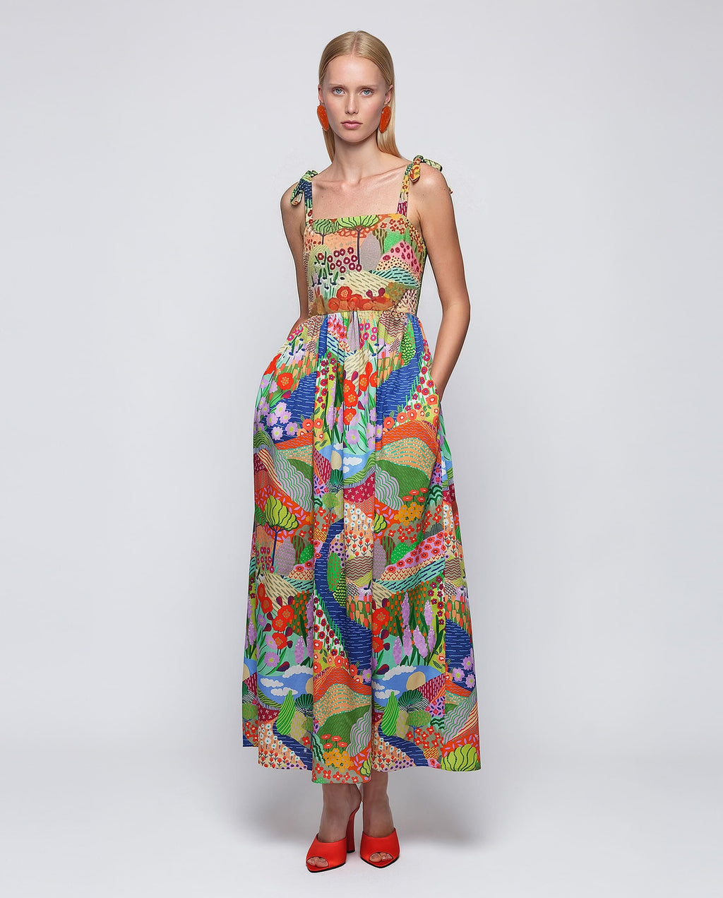 Vestido largo estampado multicolor de algodón