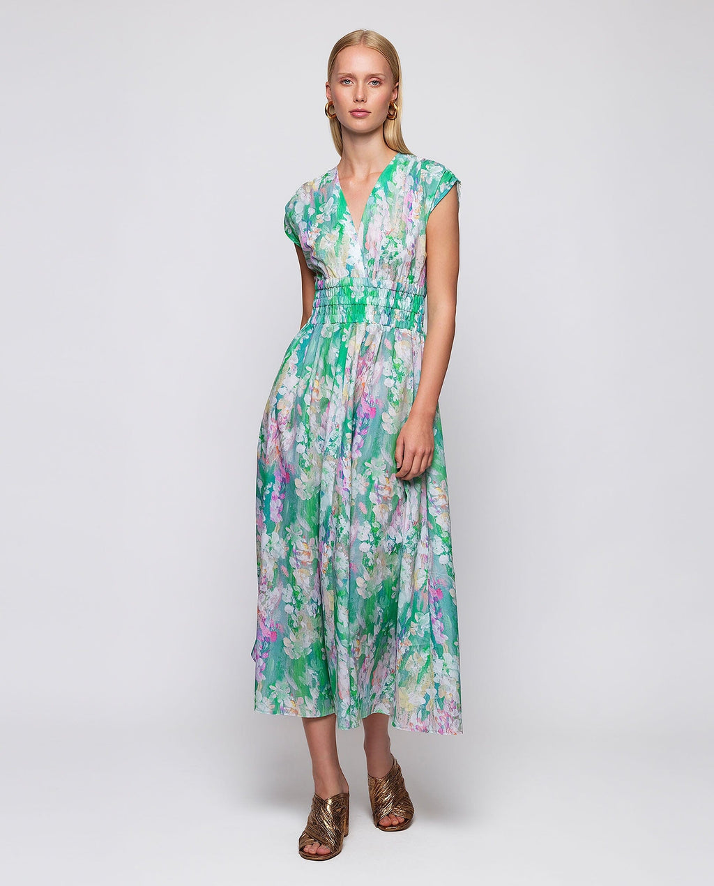 Vestido midi verde estampado algodón
