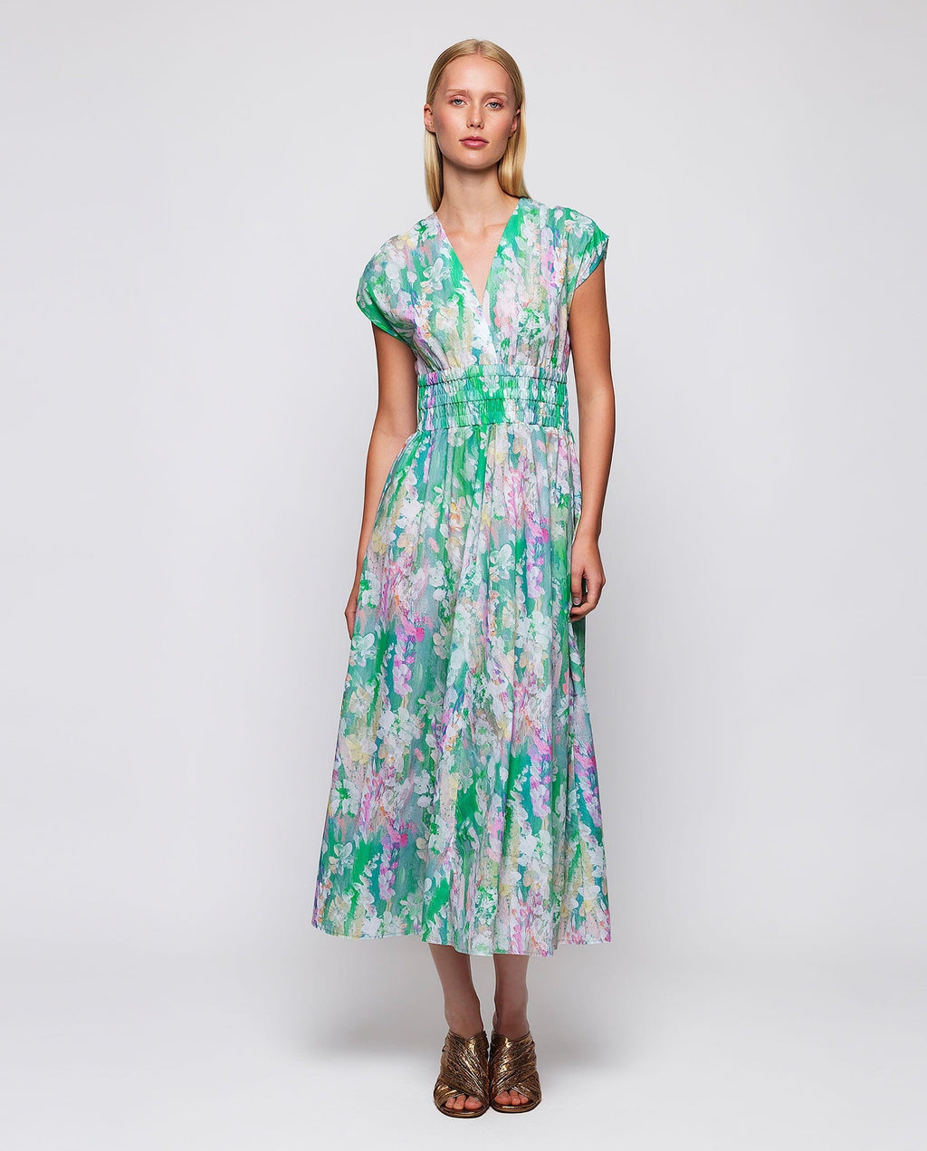 Vestido midi verde estampado algodón