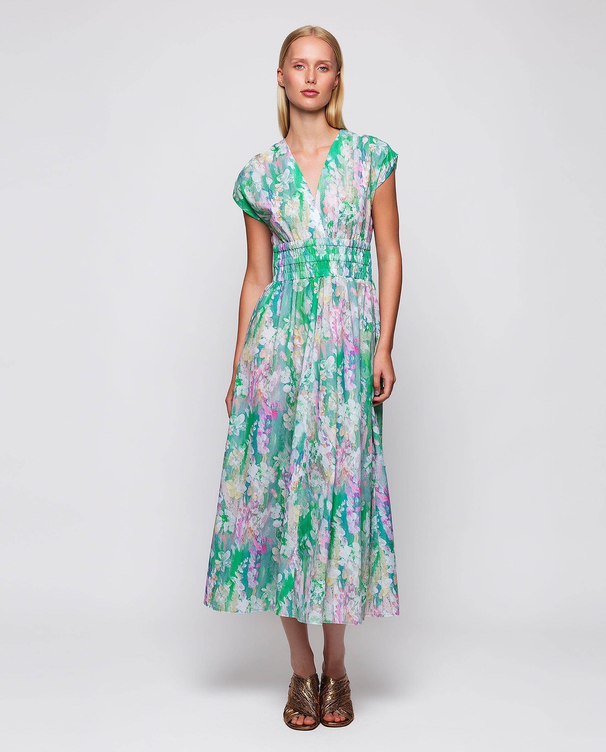 Vestido midi verde estampado algodón