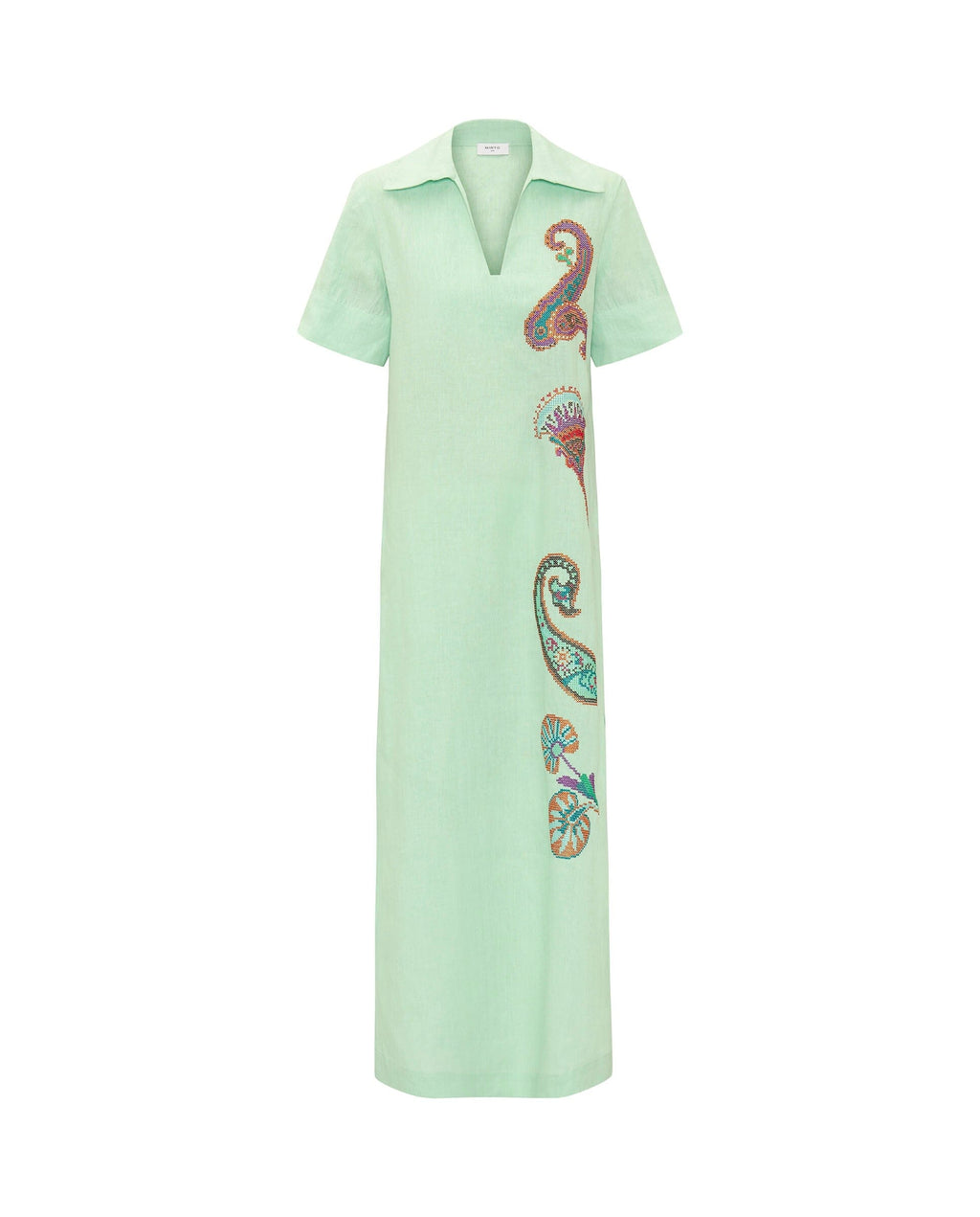 Vestido verde bordado paisley de lino