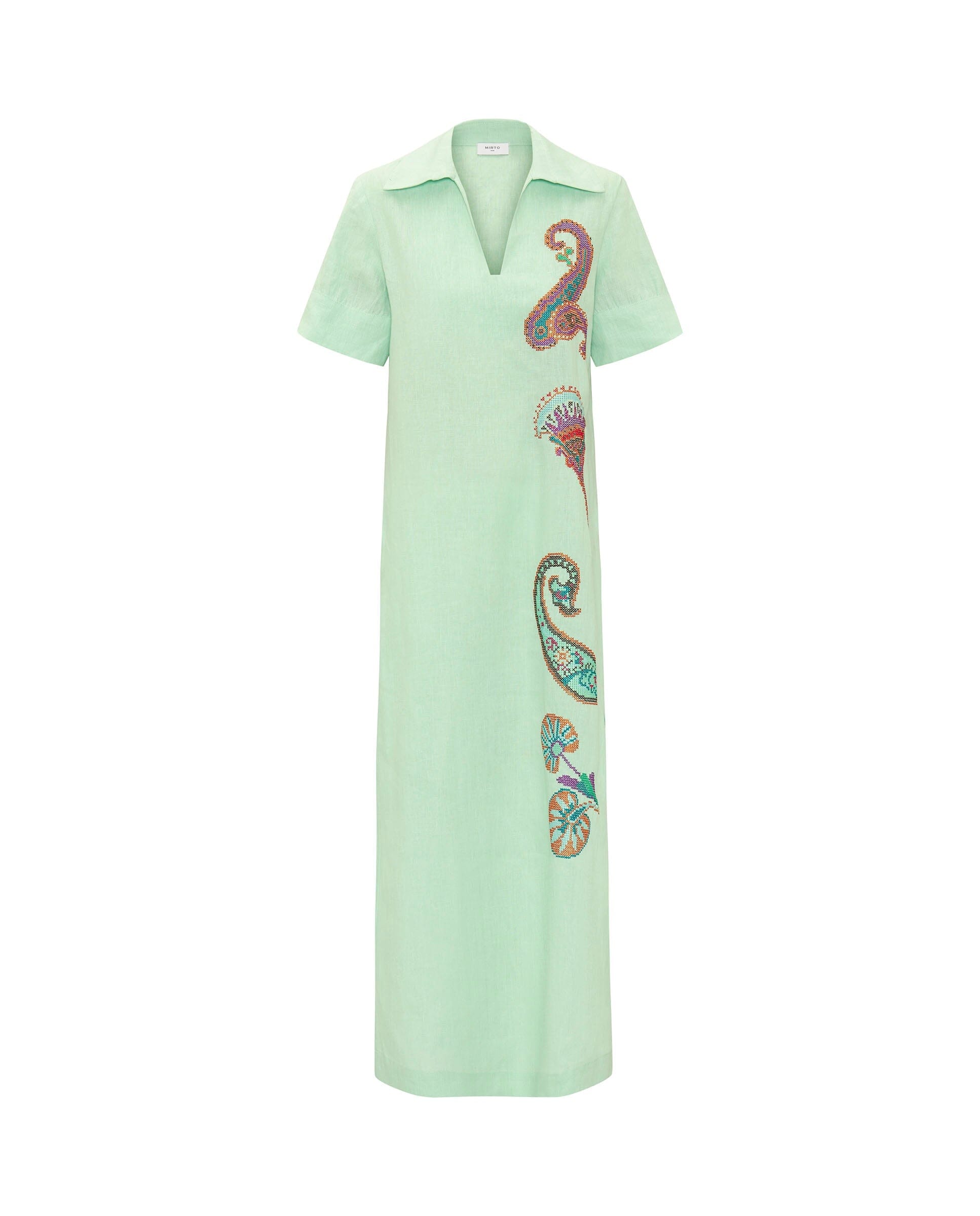 Vestido verde bordado paisley de lino